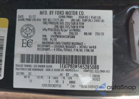 2017 Ford Mustang V6 from USA, damaged, VIN 1FATP8EM5H5285088